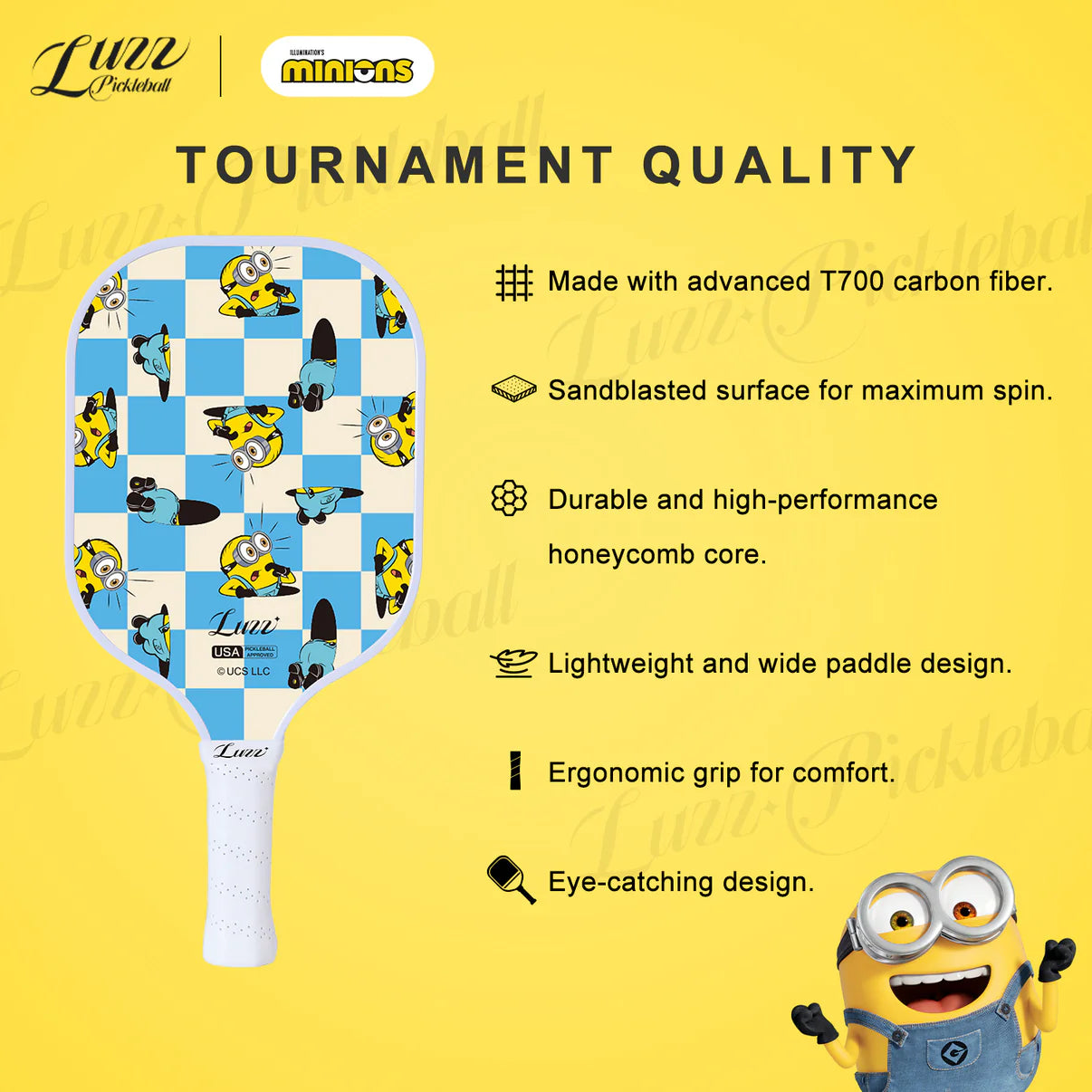 Luzzpickleball Minions Checker Champ Original Paddle (16mm) T700 Carbon Fiber