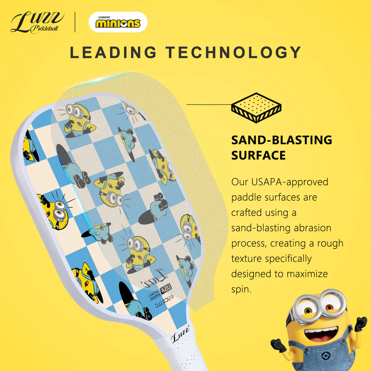 Luzzpickleball Minions Checker Champ Original Paddle (16mm) T700 Carbon Fiber
