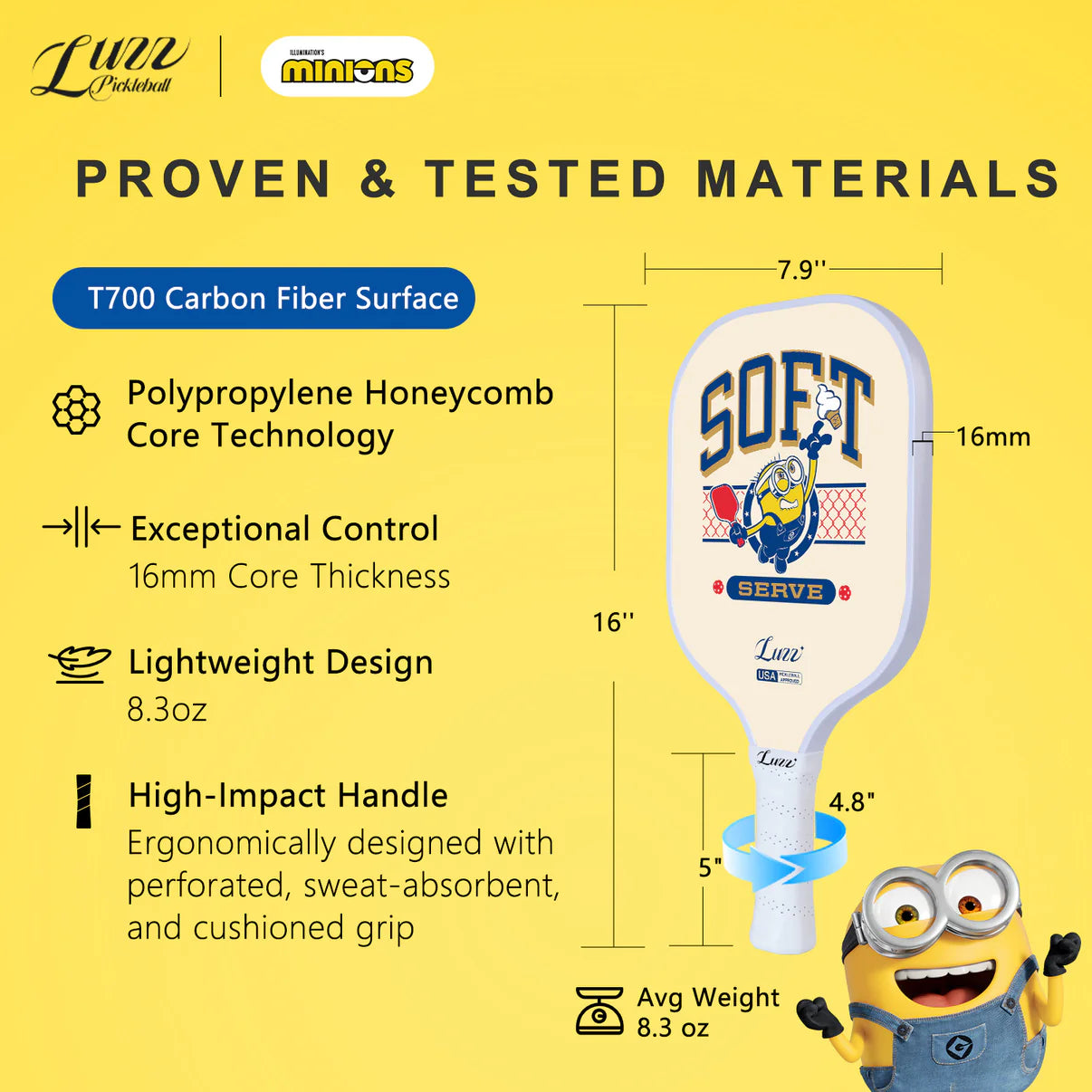 Luzzpickleball Minions Serve Original Paddle (16mm) T700 Carbon Fiber